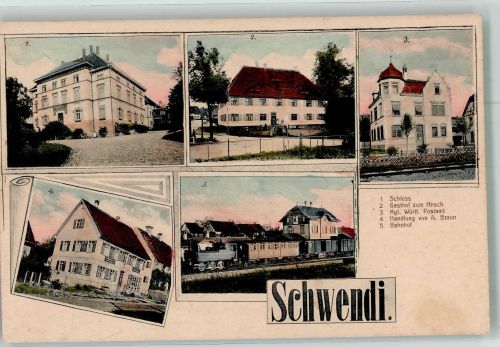 88477 W7959 Schwendi , Württ - Schloss Gasthaus zum Hirsch Kgl. Postamt Bahnhof