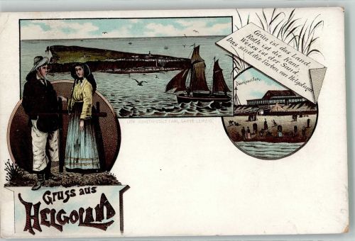 27498 W2192 Helgoland Lithographie Verläufer Druck um 1890 Helgoländer Trachtenpaar Segelschiff Badestrand Helgoland-Vers