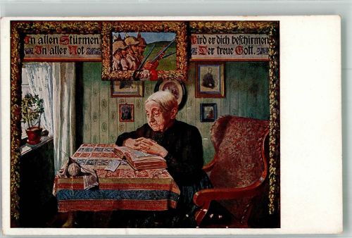 Frau stricken Buch lesen Künstlerkarte