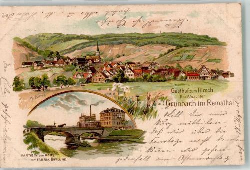 73630 W7064 Grunbach , Rems 1906 Lithographie / Künstlerkarte Gasthaus zum Hirsch An der Rems Fabrik Löfflund sign. K. Fuchs