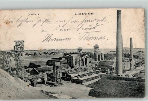 W4390 Gladbeck Zeche Graf Moltke Förderturme Schornsteine Bergbau 1906 Foto AK