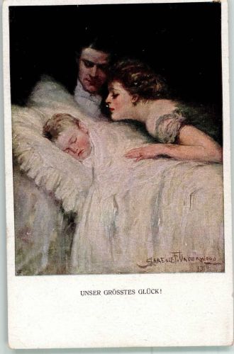 Glückliche Eltern am Bettchen des schlafenden Kindes Verlag M. Munk Nr. 742F Underwood, C. F. 1917 Künstlerkarte
