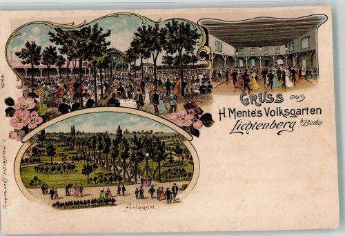 10115 O1130 Lichtenberg Lithographie Etablissement Gartenwirtschafft Ballsaal Anlagen H. Mente's Volksgarten