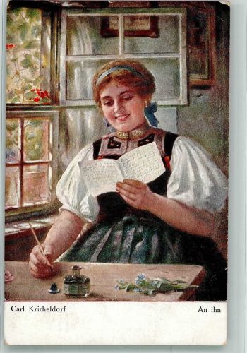 sign. Kricheldorf, Carl Junge Frau in Tracht verfasst einen Brief an Ihn Moderne Meister Verlag Arthur Rehn & Co. No. 480 Feldpost WK I Benrath Liebesbrief 1918 Künstlerkarte