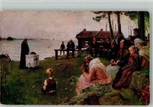 sign. Edelfelt, Albert Gottesdienst in den Schären Trachten Schweden Künstlerkarte