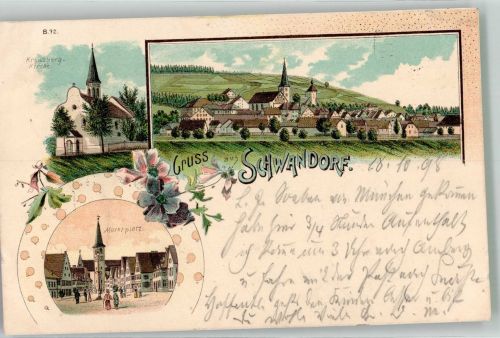92421 W8460 Schwandorf , Bay 1898 Lithographie Kreuzberg-Kirche Marktplatz