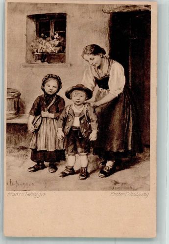 Zwei Kinder auf dem ersten Schulgang Defregger, F. von 1924 Künstlerkarte