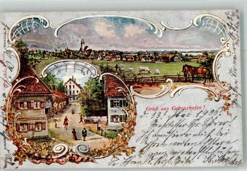 88299 W7970 Gebrazhofen 1906 Künstlerkarte Weide Pferd Dorfstrasse signiert