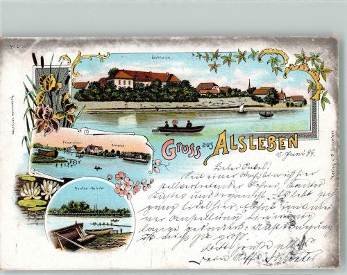 06425 O4342 Alsleben 1899 Lithographie Schloss Ponton-Brücke Schleuse