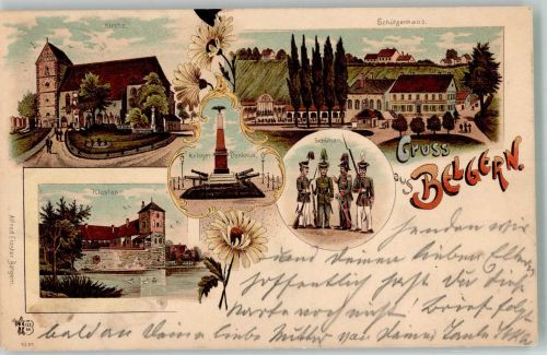 04874 O7293 Belgern b Torgau 1898 Lithographie Kloster Schützenhaus Schützengruppe Kriegerdenkmal Verlag Ottmar Zieher-München