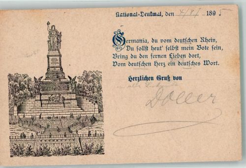 65385 W6220 Rüdesheim am Rhein 1895 - Verläufer Druck um 1890 National-Denkmal 4-Zeiler Vers