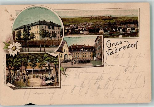 99192 O5103 Neudietendorf 1899 Lithographie Gasthaus - Gartenwirtschaft Schwesternhaus Mädchen-Pensionat