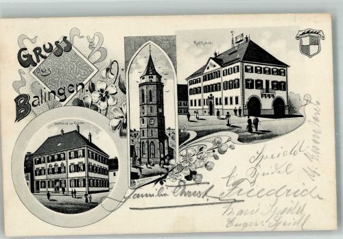 72336 W7460 Balingen 1914 - Kirchturm Rathaus Gasthaus zur Krone Wappen