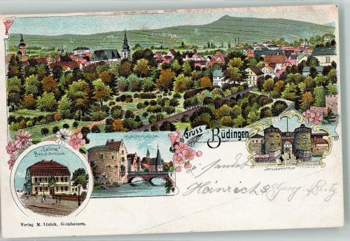63654 W6470 Büdingen , Hess Lithographie Jerusalemertor Gasthaus Saline Schmück Mühltorbrücke