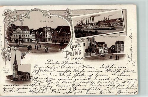 31224 W3150 Peine 1898 Lithographie Marktplatz Jacobikirche Bahnhofstrasse