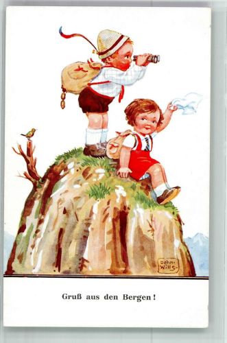 Zwei Kinder als Bergsteiger auf dem Gipfel Gruß aus den Bergen WSSB 7332/2 Wills, J. Künstlerkarte