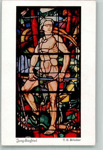 W5990 Dahle , Kr Altena, Westf sign. Schödder Glasmalerei Jung-Siegfried in der Ehrenhalle des Sauerländischen Gebirgsvereins auf dem Kohlberg Nibelungensage Künstlerkarte