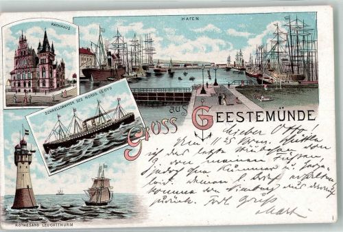 27568 W2850 Geestemünde 1897 Lithographie Rathaus Hafen Schnelldampfer Norddeutscher Lloyd Leuchtturm