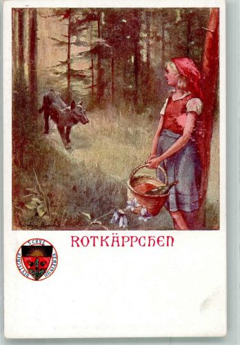 Szene aus dem Märchen der Brüder Grimm mit dem Wolf Verlag Deutscher Schulverein Deutsche Märchen Nr. 3 Karte Nr. 59 Rotkäppchen Künstlerkarte
