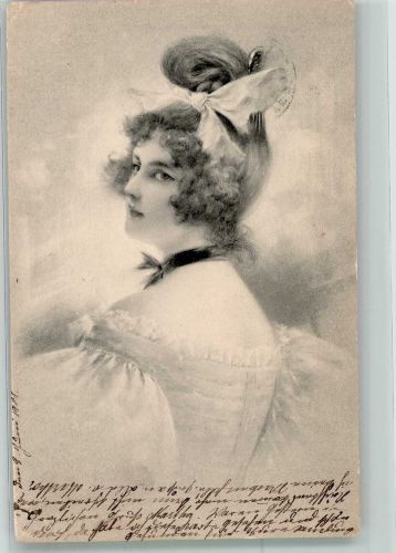 Portrait einer jungen Frau Mit Schleife in den hochgesteckten Haaren Verlag M. Munk Haarmode 1901 Lithographie / Künstlerkarte