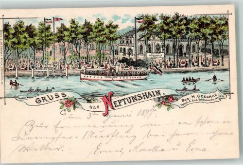 10115 O1190 Niederschöneweide 1897 Lithographie Gasthaus Etablissement Neptunshain Gartenwirtschaft
