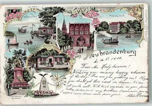 17033 O2000 Neubrandenburg , Meckl 1900 Lithographie Bismarcksdenkmal Augustabad Stargardener Tor Fritz Reuter-Denkmal