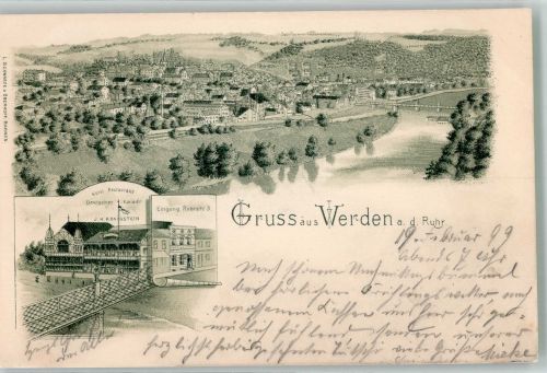 45127 W4300 Werden 1899 Lithographie Hotel-Gasthaus Deutscher Kaiser Die Ruhr