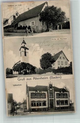 77743 W7607 Altenheim , Baden - Kirche Pfarrhaus Volksschule Gasthaus zur Linde Bahnpost Zug 34