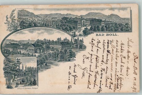 73087 W7325 Bad Boll 1893 Lithographie Verläufer Druck um 1890 Kurhaus Trinkhalle Kurpark