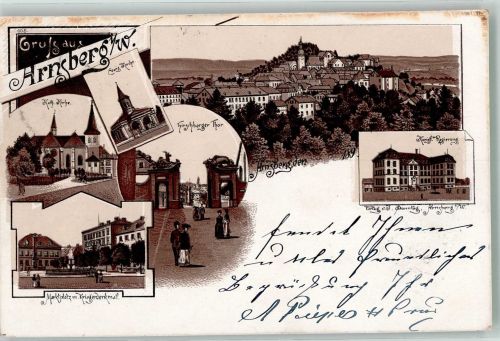 59755 W5760 Arnsberg , Westf 1899 Lithographie Verläufer Druck um 1890 Kath. Kirche Marktplatz Hirschberger Tor Kgl. Regierung Ev. Kirche