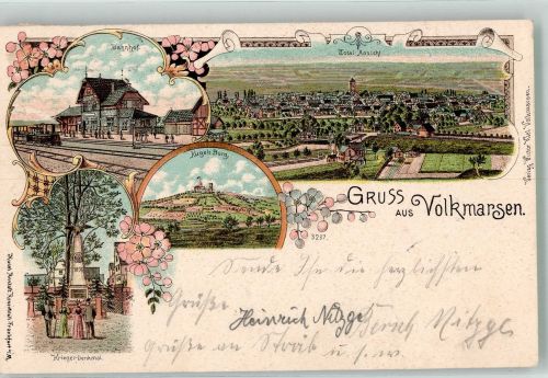 34471 W3549 Volkmarsen 1899 Lithographie Bahnhof Kugels Burg Kriegerdenkmal