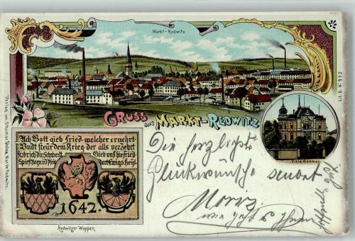 95615 W8590 Marktredwitz 1902 Lithographie Redwitzer Wappen Villa Benker