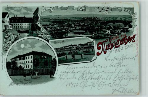 99192 O5103 Neudietendorf 1900 Lithographie / Mondschein Mädchen-Pensionat Schwesternhaus Bahnhof Bahnpost Berlin-Eisenach Zug 3