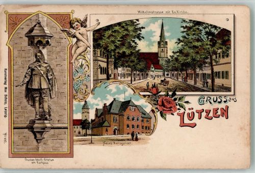 06686 O4854 Lützen Lithographie Rathaus Gustav Adolf-Statue Neues Amtsgericht Wilhelmstrasse Putto