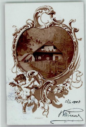 Ein Sägewerk im mit Engel geschmückten Rahmen Holzverarbeitung 1903 Privatfoto AK