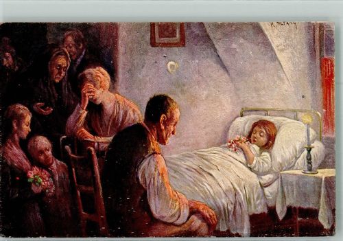 sign. Stang Familie trauert am Totenbett der kleinen Tochter Trauer Künstlerkarte