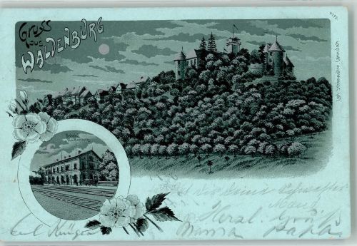 08396 O9611 Waldenburg , Sachs Lithographie / Mondschein Bahnhof Waldenburg