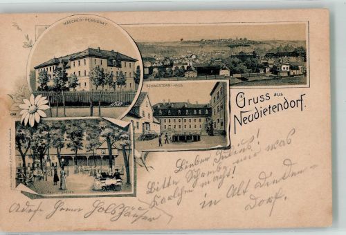99192 O5103 Neudietendorf 1900 Lithographie Mädchen-Pensionat Schwesternhaus Gasthaus-Garten Bahnpost Berlin-Eisenach Zug 3