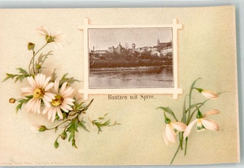 02625 O8600 Bautzen Lithographie Bautzen mit Spree Margeriten Maiglöckchen Passepartout