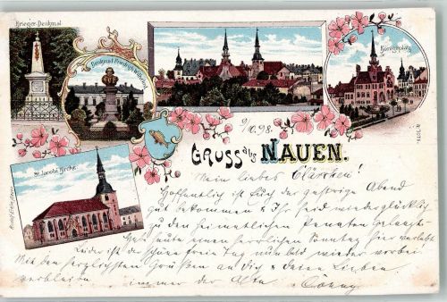 14641 O1550 Nauen , Havelland 1898 Lithographie Denkmal Friedrich Wilhelm I. Kriegerdenkmal Königsplatz St. Jacobi-Kirche Wappen