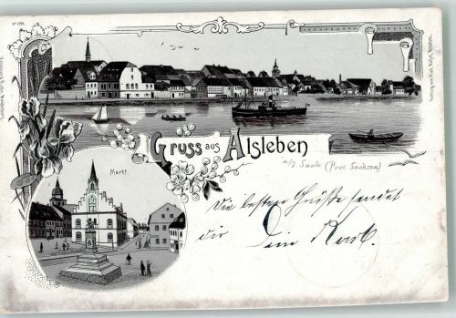 06425 O4342 Alsleben 1901 Lithographie Markt Denkmal Saale