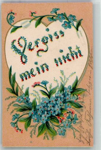 Der Schriftzug Vergiss mein nicht aus Vergissmeinnicht gebildet Herz Poesie / Liebe Blumensprache Prägedruck