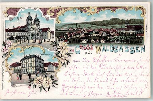 95652 W8595 Waldsassen 1898 Lithographie Dorfkirche Haus Rockstroh