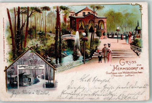 10115 W1000 Hermsdorf 1907 Lithographie Gasthaus zum Waldschlösschen Garteneingang