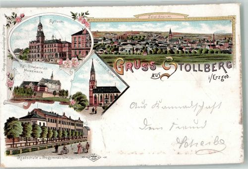 09366 O9150 Stollberg , Erzgeb 1898 Lithographie Realschule St. Jacobi-Kirche Kgl. Strafanstalt Hoheneck Rathaus