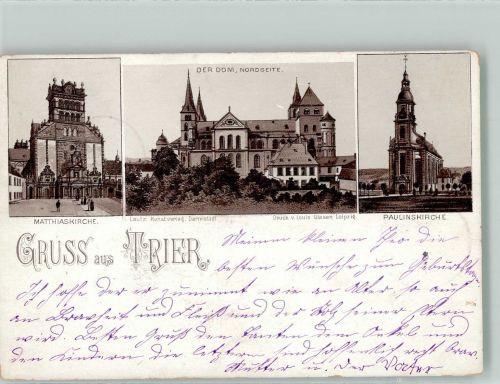 54290 W5500 Trier 1898 Lithographie Verläufer Druck um 1890 Matthiaskirche Trierer Dom Paulinskirche
