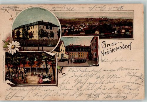 99192 O5103 Neudietendorf 1901 Lithographie Mädchen-Pensionat Schwesternhaus Gasthaus-Garten