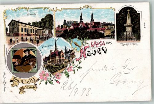 14641 O1550 Nauen , Havelland 1898 Lithographie Kriegerdenkmal Königsplatz Bierhalle Wappen