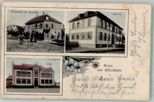 77743 W7607 Altenheim , Baden 1911 - Gasthaus zur Germania Notariat Schule Bahnpost Altenheim
