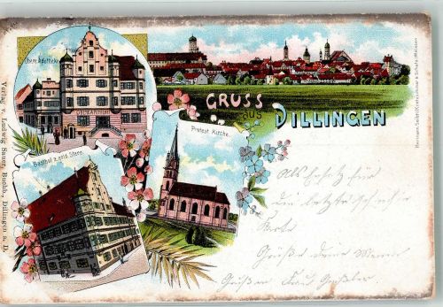 89407 W8880 Dillingen a d Donau Lithographie Ev. Kirche Gasthaus zum goldenen Stern Obere Apotheke